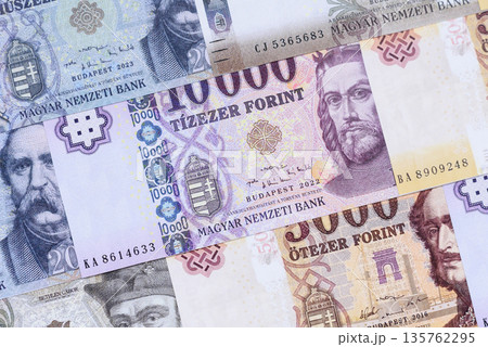 Hungarian forint, cash, currency of Hungary, banknotes for financial transactions. Hungarian forint Hungarian forint, cash, currency of Hungary, banknotes for financial transactions. Hungarian forint 135762295