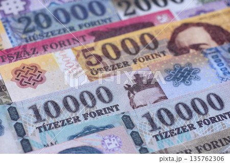 Hungarian forint, cash, currency of Hungary, banknotes for financial transactions. Hungarian forint 135762306