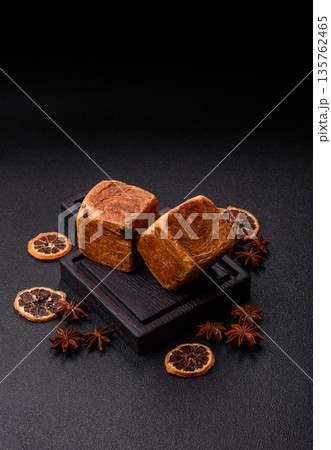 A French cube croissant with chocolate filling, a sweet breakfast pastry. Cube croissant 135762465