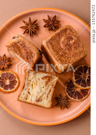 A French cube croissant with chocolate filling, a sweet breakfast pastry. Cube croissant 135762472