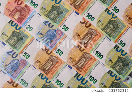 Euro, European currency cash banknotes for business. Euro banknotes Euro, European currency cash banknotes for business. Euro banknotes 135762512