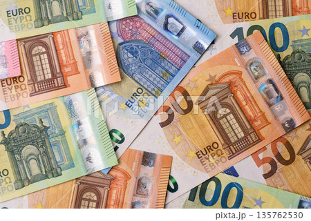 Euro, European currency cash banknotes for business. Euro banknotes Euro, European currency cash banknotes for business. Euro banknotes 135762530
