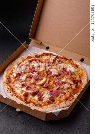 Italian pizza with sausage, chicken, and cheese for dinner. Sausage pizza Italian pizza with sausage, chicken, and cheese for dinner. Sausage pizza 135762605