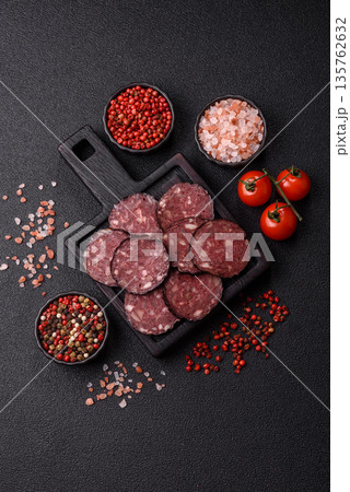 Black blood pudding, grilled pork sausage cooked for dinner. Blood pudding 135762632