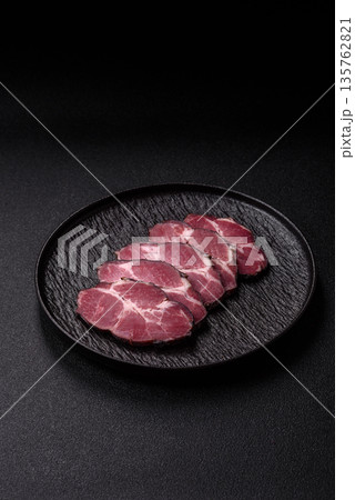 Meat, smoked ham, or pork sausage sliced for breakfast sandwiches. Sliced ham 135762821