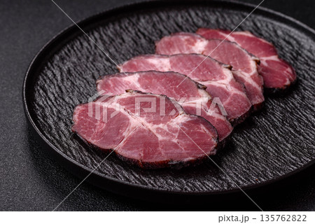 Meat, smoked ham, or pork sausage sliced for breakfast sandwiches. Sliced ham 135762822