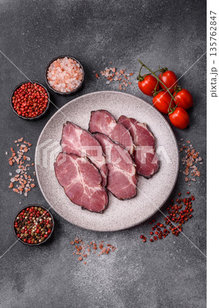 Meat, smoked ham, or pork sausage sliced for breakfast sandwiches. Sliced ham Meat, smoked ham, or pork sausage sliced for breakfast sandwiches. Sliced ham 135762847