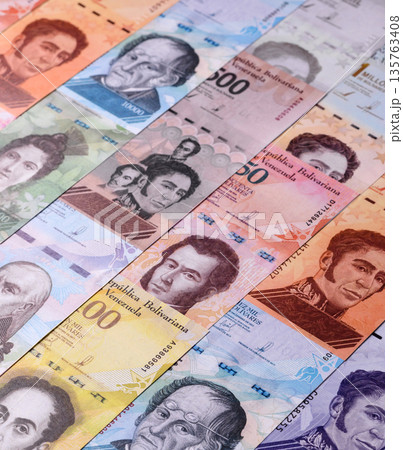 Venezuelan bolivar, cash, currency of Venezuela, banknotes for transactions. Venezuelan bolivar Venezuelan bolivar, cash, currency of Venezuela, banknotes for transactions. Venezuelan bolivar 135763408