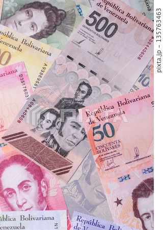 Venezuelan bolivar, cash, currency of Venezuela, banknotes for transactions. Venezuelan bolivar Venezuelan bolivar, cash, currency of Venezuela, banknotes for transactions. Venezuelan bolivar 135763463