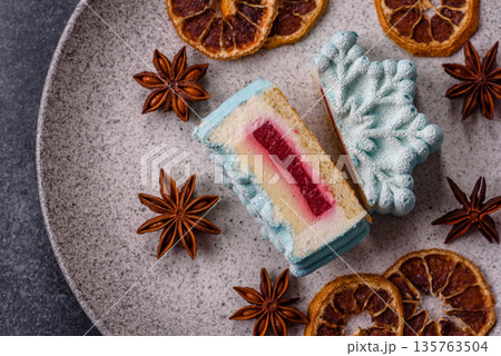 Christmas mochi, mooncake, or cheesecake shaped like a snowflake. Christmas mochi or cheesecake Christmas mochi, mooncake, or cheesecake shaped like a snowflake. Christmas mochi or cheesecake 135763504