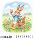 A cheerful bunny holds a colorful Easter egg in one paw while carrying a wicker basket with more eggs and plush rabbits 135763604