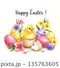 Cheerful Easter illustration featuring a fluffy yellow chick emerging from a cracked eggshell. Easter eggs and flowers around  135763605