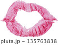 Textured imprint of female lips with bright pink lipstick, detailed skin microrelief 135763838