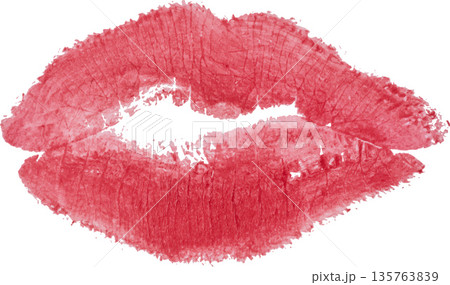 Textured imprint of female lips with bright pink lipstick, detailed skin microrelief Textured imprint of female lips with bright pink lipstick, detailed skin microrelief 135763839