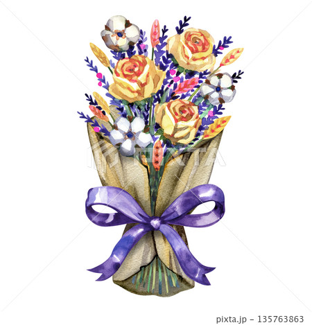 Watercolor bouquet of yellow roses and lavender wrapped in brown kraft paper with a purple bow. Hand-painted rustic floral arrangement for rustic weddings and gift greetings. 135763863