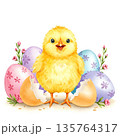 A fluffy yellow chick standing in front of colorful Easter eggs with floral decorations in pink, purple, and blue hues 135764317
