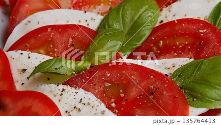 Fresh Tomato Basil Cheese Slices, Summer Picnic Meal Featuring Tomato Mozzarella And Basil Slices 135764413