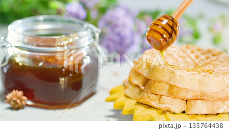 Sweet Breakfast Imagery, Delicious Honeycoated Waffles With Rustic Presentation And Morning Ambiance Sweet Breakfast Imagery, Delicious Honeycoated Waffles With Rustic Presentation And Morning Ambiance 135764438