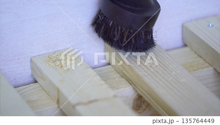 Textures Of Sawdust On Wooden Slats, Detailed Shot Of Rustic Wooden Planks With Sawdust And Lighting 135764449