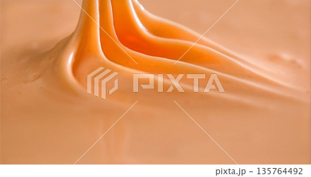 Silky Mousse With Soft Peaks, Closeup Of Airy Peach Mousse Showcasing Silky Texture And Gloss 135764492