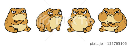 Funny grumpy toad sticker set. Angry frog character with skepticism, pout and rage. Kawaii vector illustration. Funny grumpy toad sticker set. Angry frog character with skepticism, pout and rage. Kawaii vector illustration. 135765106