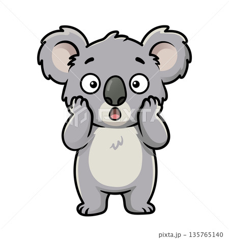 Cute grey koala cartoon character in a state of shock and surprise with its hands on its cheeks, expressing disbelief and wonder in a clean vector illustration style on white. 135765140
