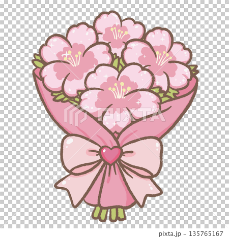 Romantic cherry blossom bouquet with bow heart accent pastel pink kawaii floral arrangement illustration for spring decor gift cards planners bookmark Romantic cherry blossom bouquet with bow heart accent pastel pink kawaii floral arrangement illustration for spring decor gift cards planners bookmark 135765167