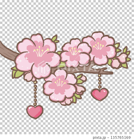 Cherry blossom branch with hanging hearts pastel sakura floral illustration romantic kawaii spring clipart ideal for bookmarks planners journals stick 135765169