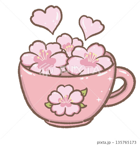Cute pink tea cup filled with cherry blossoms and floating hearts kawaii spring drink illustration cozy floral clipart for bookmarks planners journals Cute pink tea cup filled with cherry blossoms and floating hearts kawaii spring drink illustration cozy floral clipart for bookmarks planners journals 135765173