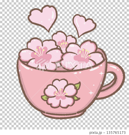 Cute pink tea cup filled with cherry blossoms and floating hearts kawaii spring drink illustration cozy floral clipart for bookmarks planners journals Cute pink tea cup filled with cherry blossoms and floating hearts kawaii spring drink illustration cozy floral clipart for bookmarks planners journals 135765173