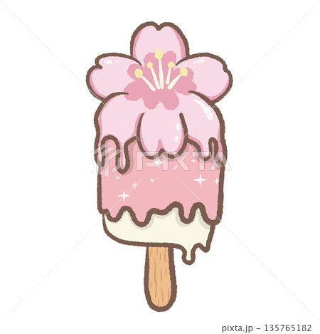 Cute Sakura Ice Cream Popsicle Illustration Kawaii Spring Dessert Sweet Frozen Treat Pastel Valentine Aesthetic 135765182