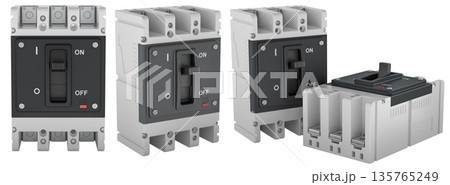 Electrical circuit breaker in multiple views with different toggle positions. 3D rendering 135765249