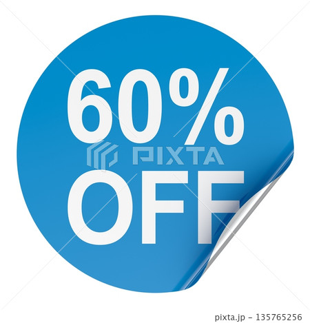 60 percent OFF blue round sale sticker with peeled corner. 3D rendering 60 percent OFF blue round sale sticker with peeled corner. 3D rendering 135765256