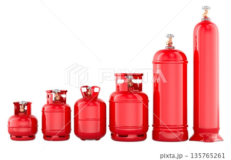 Red gas cylinders set in different sizes. 3D rendering 135765261
