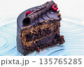 Exquisite dessert with chocolate glaze, decor, and berries. Close-up of a cake slice showing layers of delicate sponge and cream. Perfect for cafe menus and food blogs 135765285