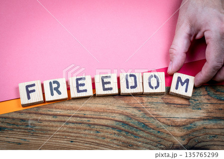 FREEDOM Social And Civic Values Concept With Wooden Letter Blocks 135765299