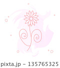 Elegant flower illustration with fine contour lines and swirls. Abstract pink watercolor background. Perfect for gentle branding, greeting cards, and spring designs 135765325
