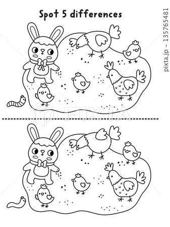 Easter find differences black and white game. Spring holiday educational line activity with bunny feeding hens and chickens. Cute puzzle for kids. Printable worksheet, coloring page for attention Easter find differences black and white game. Spring holiday educational line activity with bunny feeding hens and chickens. Cute puzzle for kids. Printable worksheet, coloring page for attention 135765481