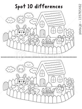 Easter find differences black and white game. Spring holiday line educational activity with bunny growing carrots in his garden. Cute puzzle for kids. Printable worksheet, coloring page Easter find differences black and white game. Spring holiday line educational activity with bunny growing carrots in his garden. Cute puzzle for kids. Printable worksheet, coloring page 135765482