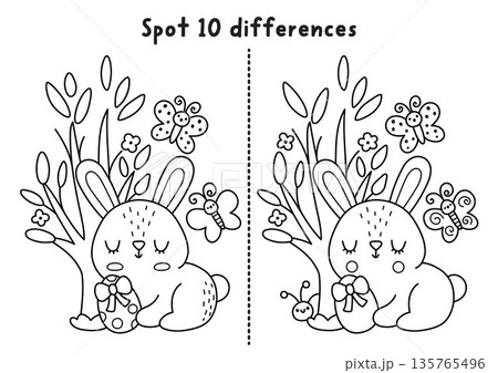 Easter find differences black and white game. Spring holiday line educational activity with bunny sitting with egg near blooming tree. Cute puzzle for kids. Printable worksheet, coloring page 135765496