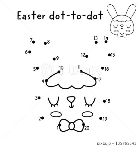 Easter village vector dot-to-dot and color activity with cute bunny face. Black and white spring connect the dots game for children with holiday symbol. Line printable worksheet with rabbit head 135765543