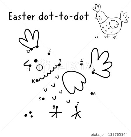Easter village vector dot-to-dot and color activity with cute hen. Black and white spring connect the dots game for children with holiday symbol. Line printable worksheet with farm bird Easter village vector dot-to-dot and color activity with cute hen. Black and white spring connect the dots game for children with holiday symbol. Line printable worksheet with farm bird 135765544