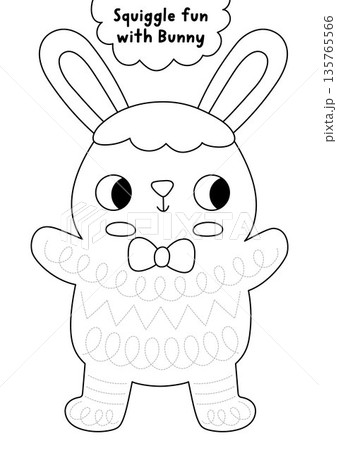 Vector black and white Easter handwriting practice worksheet shaped as bunny with squiggle pattern on his body. Preschool drawing printable activity. Spring holiday line tracing game, coloring page Vector black and white Easter handwriting practice worksheet shaped as bunny with squiggle pattern on his body. Preschool drawing printable activity. Spring holiday line tracing game, coloring page 135765566