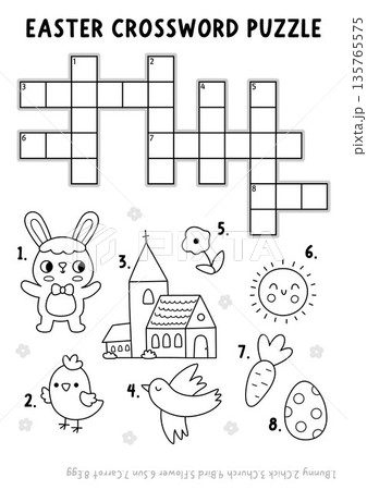 Vector black and white Easter crossword puzzle for kids.  Quiz with bunny, church, egg, carrot, chick, sun and flower for children. Cute spring holiday line educational cross word activity, coloring 135765575