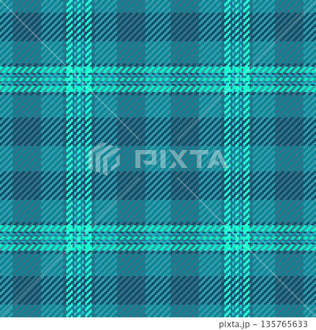 Coloured fabric textile texture, gift card check background tartan. Identity vector pattern seamless plaid in cyan and teal blue colors. Coloured fabric textile texture, gift card check background tartan. Identity vector pattern seamless plaid in cyan and teal blue colors. 135765633