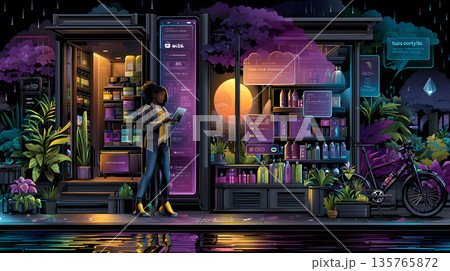 夜の街角に現れる次世代型無人店舗 夜の街角に現れる次世代型無人店舗 135765872