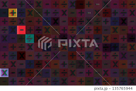 Colorful divide, plus, minus and multiply sign  overlap transparent on dark purple background with riso print effect vector illustration. 135765944