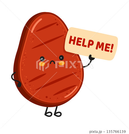 Sad steak character holding a help me sign Sad steak character holding a help me sign 135766139