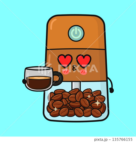 Grinder mascot holding espresso cup with heart eyes 135766155
