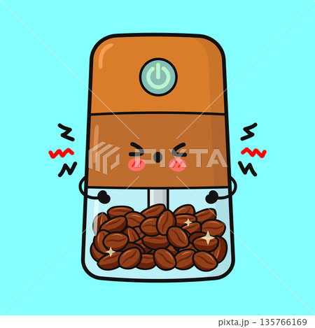 Kawaii coffee grinder character vibrating with fresh beans Kawaii coffee grinder character vibrating with fresh beans 135766169